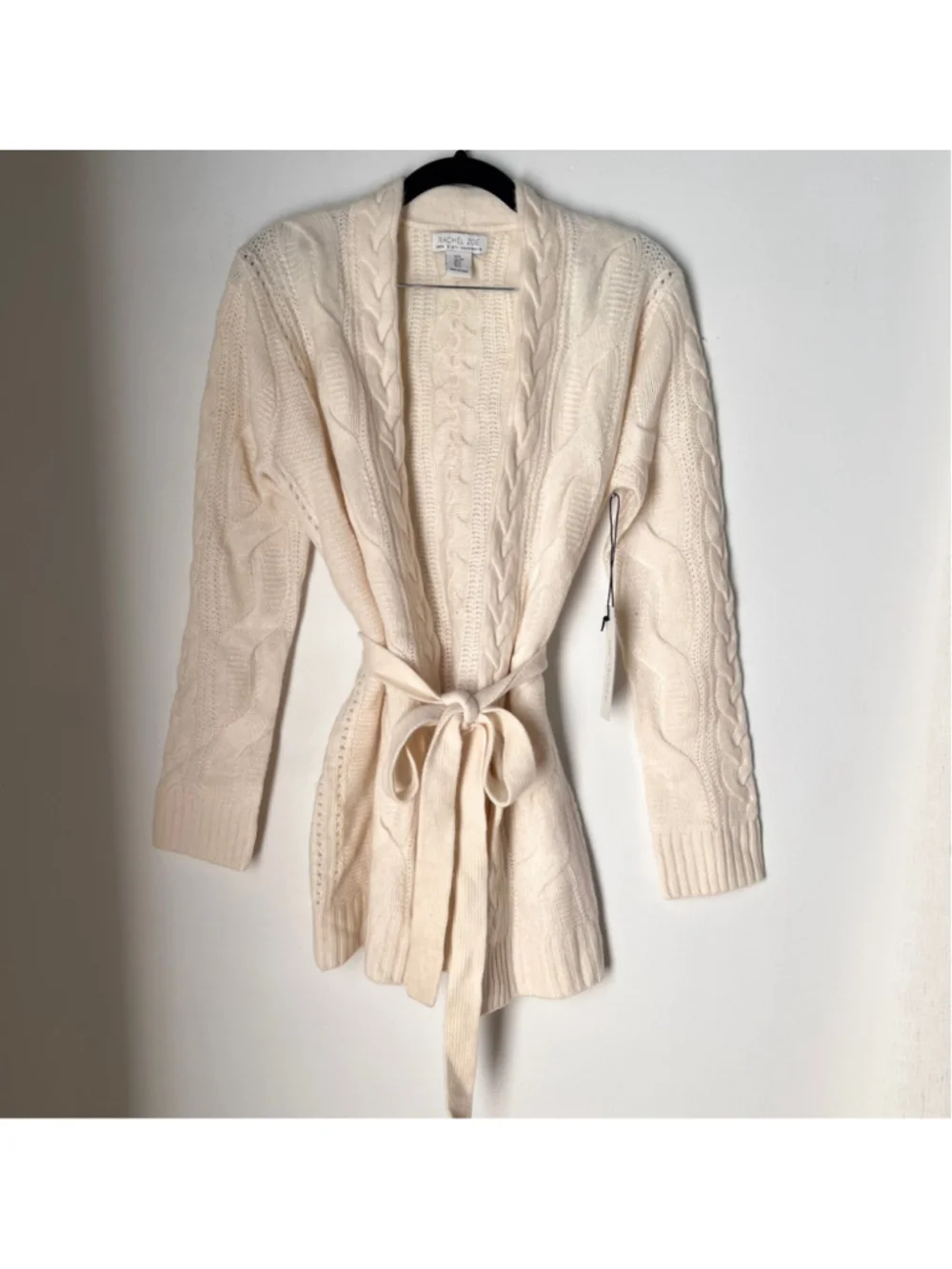 NWT Rachel Zoe Cream 100% 2-Ply Cashmere Cable Knit Belted Cardigan Sweater S - Picture 2 of 13